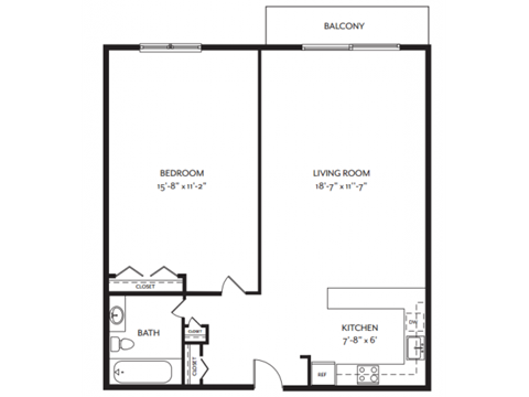 Floor plan for 1 bed, 1 bath, 696 sqft